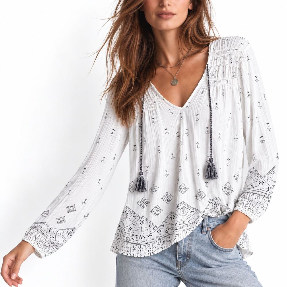 Lucky Brand Blouse Womens M White Black Boho Print Tassel Tie Long Sleeve Top